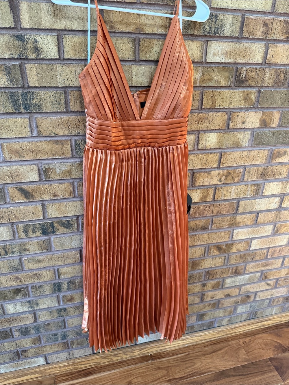 Lulu's Pleated Satin V-Neck Midi Dress in Burnt Orange